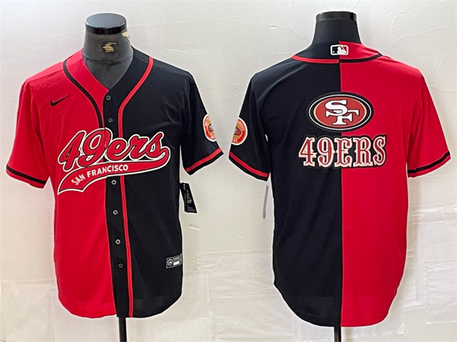 Men's San Francisco 49ers Red/Black Split Team Big Logo With Patch Cool Base Stitched Baseball Jersey Men's San Francisco 49ers Red/Black Split Team Big Logo With Patch Cool Base Stitched Baseball Jersey